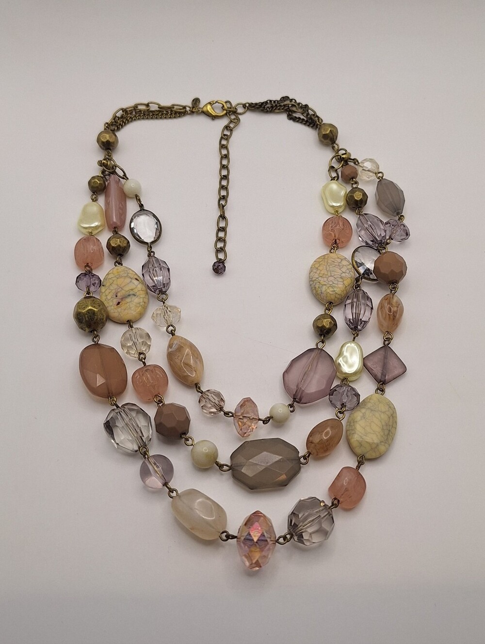 Multi Strand Beaded Statement Necklace Pink Purple Cream Bronze Boho